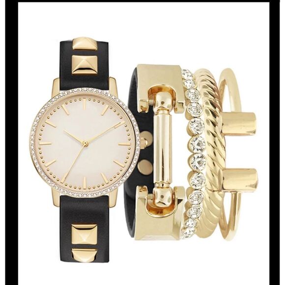 BNIB~Trendy Women's Black Studded Strap Watch & Bracelets Boxed Gift Set - Picture 1 of 4